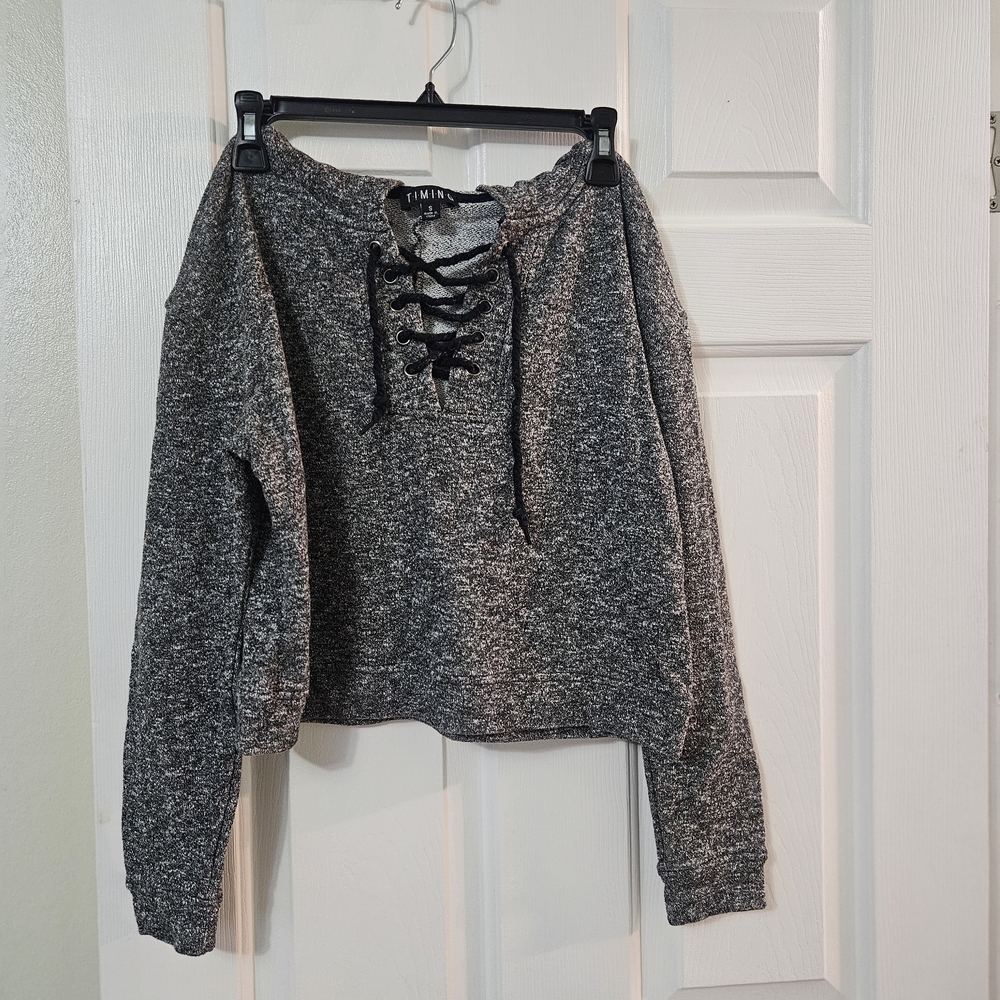 Gray Lace-Up Sweater
